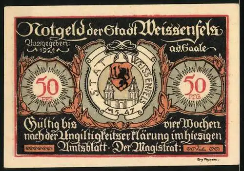 Notgeld Weissenfels 1921, 50 Pfennig, Soldaten- und Damenschuhe, Stadtwappen, Gültigkeit vier Wochen