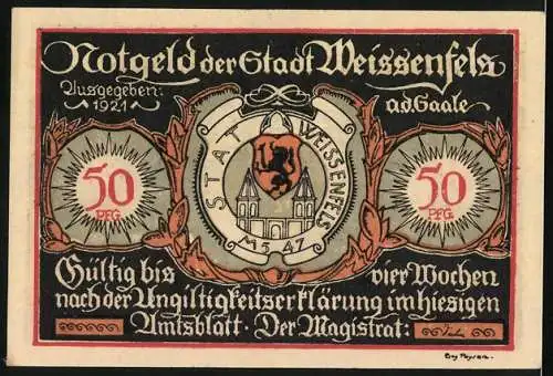 Notgeld Weissenfels 1921, 50 Pfennig, Rückseite: Reitershirtel 1620-1680, Augustusburg, Vorderseite: Stadtwappen