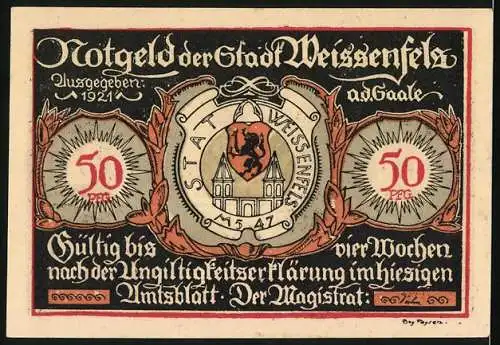 Notgeld Weissenfels 1921, 50 Pfennig, Soldatenschuh und Damenschuh, Stadtwappen und Gültigkeitsangabe