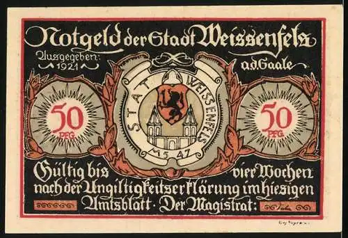 Notgeld Weissenfels 1921, 50 Pfennig, Reiterstiefel und Stadtwappen, gültig bis zur Ungültigkeitserklärung