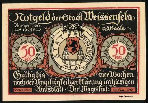 Notgeld Weissenfels, 1921, 50 Pfennig, Schuhmacher und Stadtwappen, gültig bis nach Ungültigkeitserklärung
