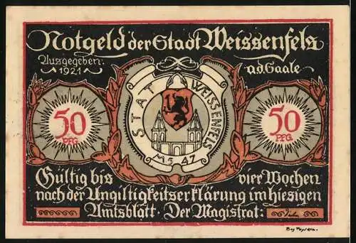 Notgeld Weissenfels 1921, 50 Pfennig, Herrenschuh und Damenschuh Abbildung mit Sprüchen