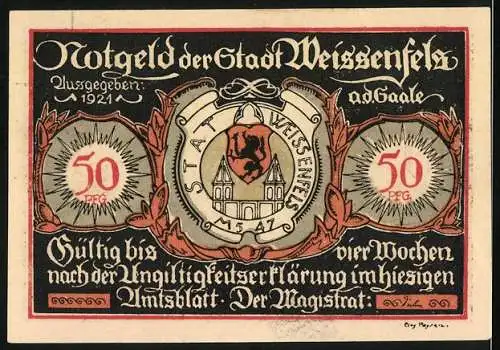 Notgeld Weissenfels, 1921, 50 Pfennig, Stadtwappen und Gültigkeitshinweis, Rückseite Schusterwerkstatt und Spruch