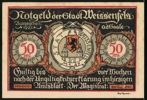 Notgeld Weissenfels 1921, 50 Pfennig, Schuh-Ausverkauf, Rathaus, Wappen