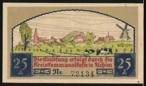 Notgeld Achim 1921, 25 Pfennig, bäuerliche Szene mit Mann und Frau, Rückseite mit Landschaft und Windmühle