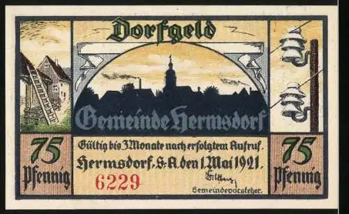 Notgeld Hermsdorf, 1921, 75 Pfennig, Zwei Reiter und zur Stelle bald, Dorfansicht mit Kirche