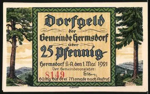 Notgeld Hermsdorf, 1921, 25 Pfennig, Dorflandschaft mit Kirche und Waldhütte im Hintergrund