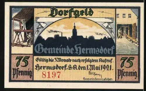 Notgeld Hermsdorf, 1921, 75 Pfennig, Waldeinsamkeit und Dorfszene