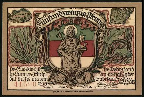 Notgeld Helgoland, 1921, 25 Pfennig, Felsenlandschaft und Heiligenfigur mit Wappen