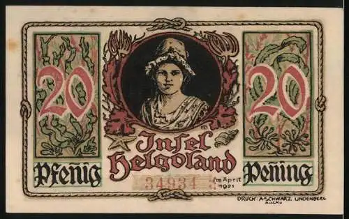 Notgeld Helgoland, 1921, 20 Pfennig, Vorderseite: Wappen mit heiliger Figur, Rückseite: Frauengesicht und Pflanzen