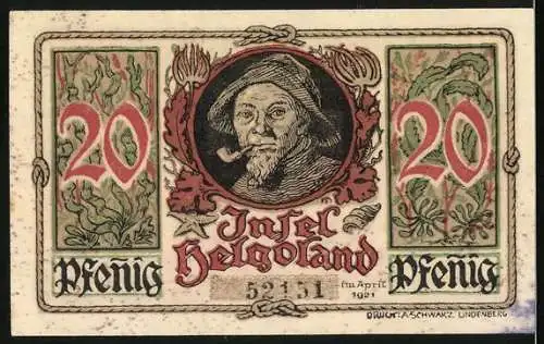 Notgeld Helgoland 1921, 20 Pfennig, Wappen und Mann mit Pfeife