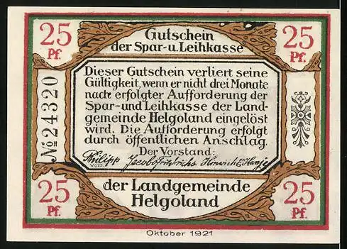 Notgeld Helgoland, 1921, 25 Pf, Gutschein der Spar-u. Leihkasse, Insel Helgoland mit Küstenansicht