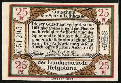 Notgeld Helgoland, 1921, 25 Pf, Felsenlandschaft und Wappen der Insel Helgoland