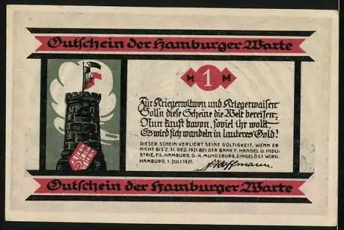 Notgeld Hamburg 1921, 1 Mark, Gutschein der Hamburger Warte, Soldatengrab und Hamburg Wahrzeichen