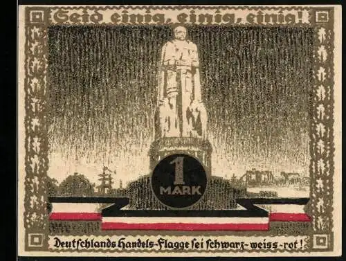 Notgeld Hamburg 1921, 1 Mark, Statue mit Inschrift und Kultur u. Sport Woche Hamburg 12.-24. August 1921