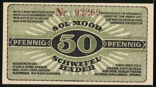 Notgeld Bad Oldesloe, 50 Pfennig, Stadtansicht und Sol-Moor Schwefelbäder, Seriennummer 02269