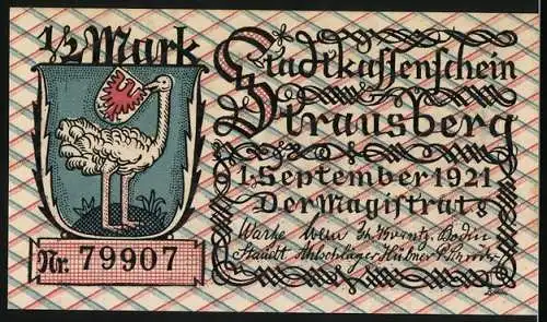 Notgeld Strausberg 1921, 1 1 /2 Mark, Torturm aus dem 13. Jahrhundert und Stadtwappen mit Strauss