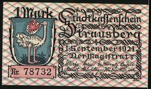 Notgeld Strausberg 1921, 1 Mark, Vorderseite mit Bootsfahrt auf dem Straussee und Rückseite mit Stadtwappen