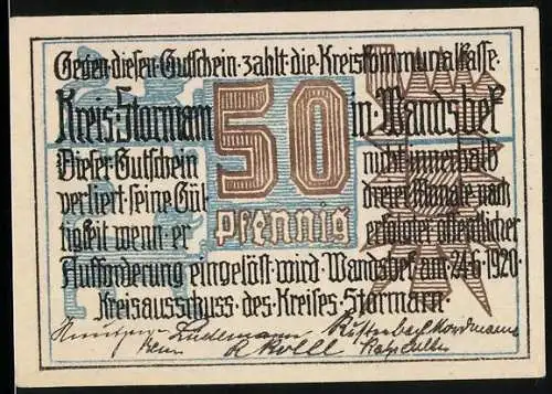 Notgeld Stormarn, 1920, 50 Pfennig, Gutschein und ländliche Szene mit Erntearbeitern