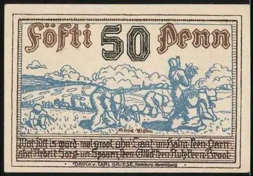 Notgeld Stormarn, 1920, 50 Pfennig, Gutschein und ländliche Szene mit Erntearbeitern