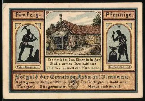 Notgeld Roda bei Ilmenau, 1921, 50 Pfennig, Bergmann und Nagelschmied, Haus und Waldszene mit Gedichten und alte Münze