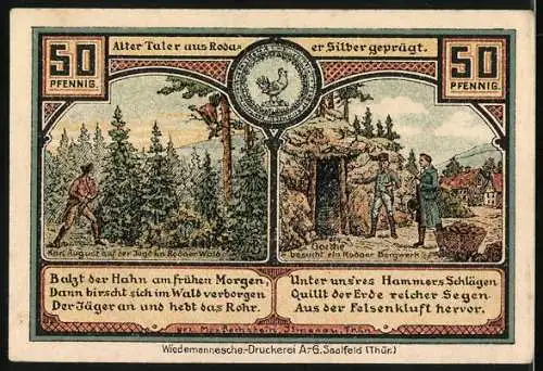Notgeld Roda bei Ilmenau, 1921, 50 Pfennig, Bergmann und Nagelschmied, Haus und Waldszene mit Gedichten und alte Münze