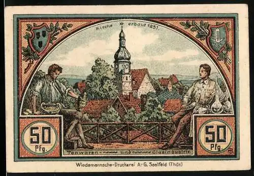 Notgeld Roda bei Ilmenau, 1921, 50 Pfennig, Kirche, Tonwaren- und Glasindustrie, Bahnhof und Kriegerdenkmal