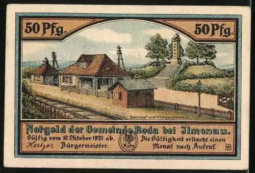 Notgeld Roda bei Ilmenau, 1921, 50 Pfennig, Kirche, Tonwaren- und Glasindustrie, Bahnhof und Kriegerdenkmal