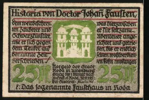 Notgeld Roda, 1921, 25 Pfennig, Abbildung eines Hauses und Text über Doctor Faustus