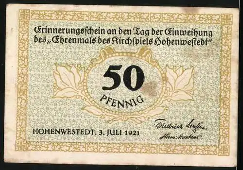 Notgeld Hohenwestedt 1921, 50 Pfennig, Erinnerungsschein an die Einweihung des Ehrenmals des Kirchspiels Hohenwestedt