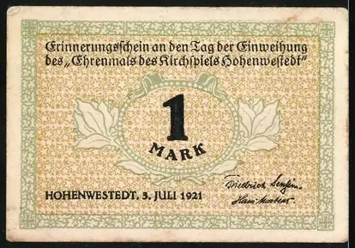 Notgeld Hohenwestedt, 1921, 1 Mark, Einweihung des Ehrenmals des Kirchspiels Hohenwestedt am 3. Juli 1921