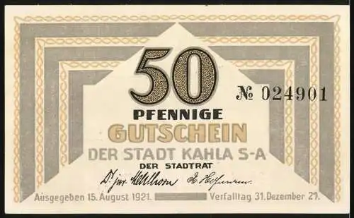 Notgeld Kahla 1921, 50 Pfennig, Gutschein der Stadt Kahla S-A, Nr. 024901, Motiv mit Burg, ausgegeben 15. August 1921