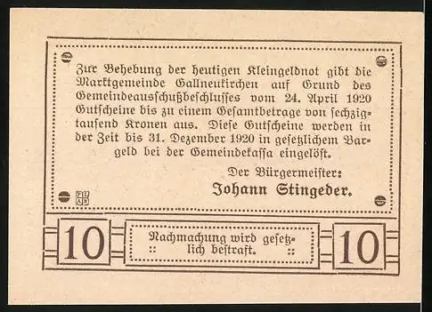 Notgeld Gallneukirchen 1920, 10 Heller, Schloss Riedegg und Text zur Ausgabe durch den Gemeindevorsteher