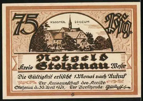 Notgeld Stolzenau 1921, 75 Pfennig, Kloster Loccum und Zitat von Wilhelm Busch