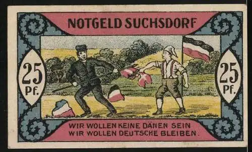 Notgeld Suchsdorf, 1921, 25 Pf, Bauer im Getreidefeld und Mann mit Flagge