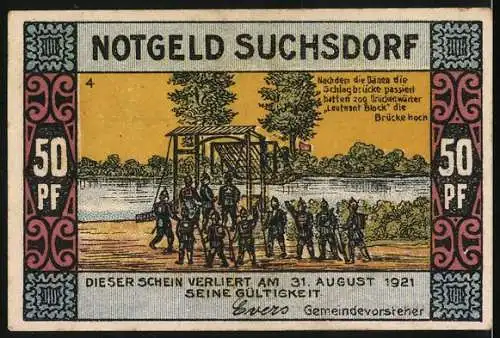 Notgeld Suchsdorf, 1921, 50 Pf, Vorderseite mit Dorfteich, Rückseite mit Brücke und Soldaten