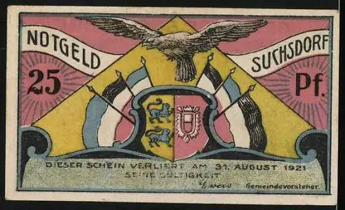 Notgeld Suchsdorf 1921, 25 Pf, Gemeinde Suchsdorf, Vorderseite mit Spaziergängern und Rückseite mit Adler und Wappen