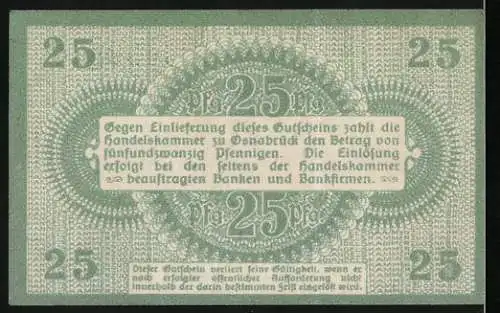 Notgeld Osnabrück 1917, 25 Pfennig, Gutschein über fünfundzwanzig Pfennig von der Handelskammer