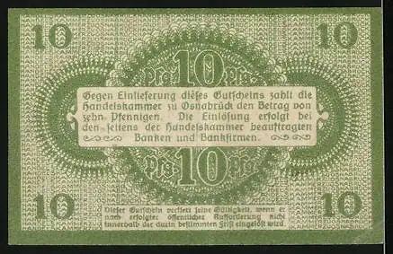 Notgeld Osnabrück 1917, 10 Pfennig, Gutschein der Handelskammer, Seriennummer , grün mit rotem Siegel