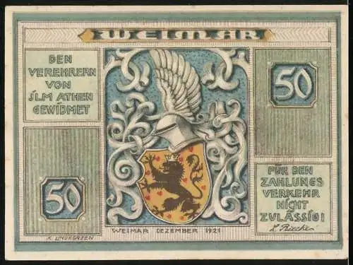 Notgeld Weimar 1921, 50 Pfennig, Goethes Wohnhaus und Wappen mit Helm und Löwe