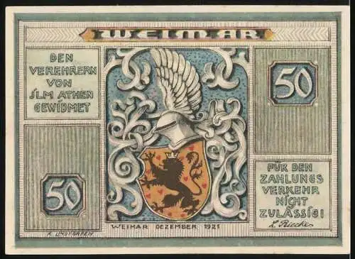 Notgeld Weimar 1921, 50 Pfennig, Schillerhaus und Wappen, gewidmet den Verehrern von JLM Athen