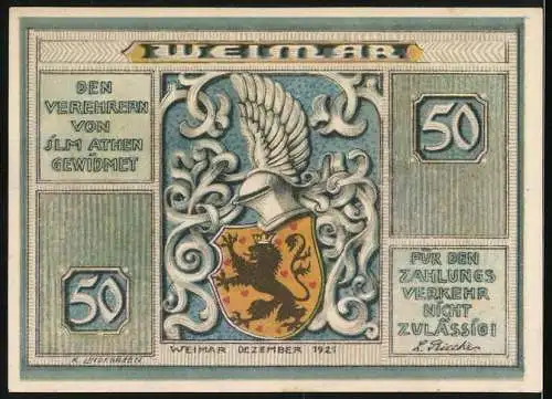 Notgeld Weimar 1921, 50 Mark, Goethes Gartenhaus, Offsetdruck, Arthur Kirchner, Erfurt