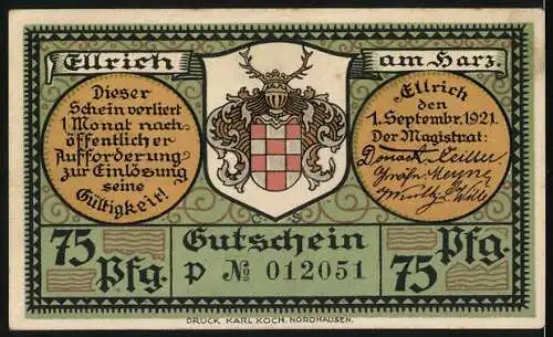 Notgeld Ellrich, 1921, 75 Pf, Frauenbergs Kirche und Stadtmauer m. Tor u. Johanniskirche, Gutschein Nr. 012051