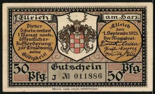 Notgeld Ellrich am Harz 1921, 50 Pf, Stadtansicht mit Kirche und Fabrik, Rückseite mit Wappen und Text