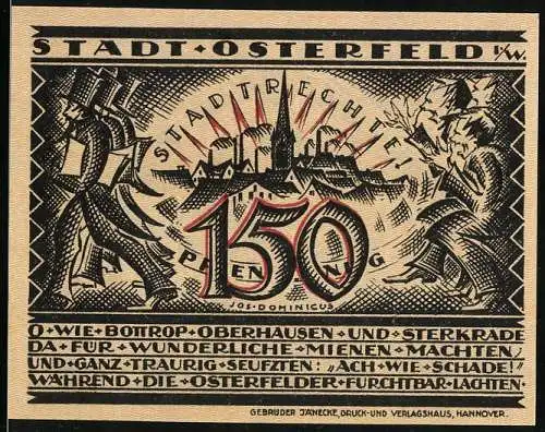 Notgeld Osterfeld 1921, 150 Pfennig, Stadtansicht und Bergmann mit Lore