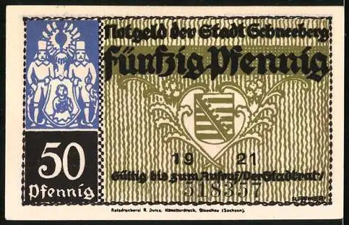Notgeld Schneeberg, 1921, 50 Pfennig, Stadtansicht mit Rathaus und traditionellen Figuren, Wappen der Stadt