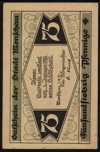 Notgeld Monschau, 1922, 75 Pfennig, Ruine Haller und Gültigkeitsdatum