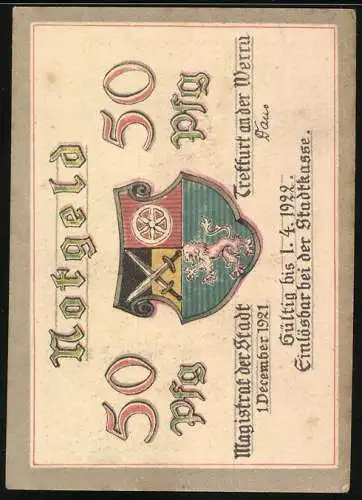 Notgeld Treffurt a.d. Werra, 1921, 50 Pfennig, Stadtansicht und Wappen der Stadt