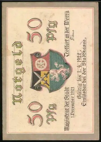 Notgeld Treffurt a.d. Werra, 1921, 50 Pfennig, Stadtansicht und Wappen der Stadt, gültig bis 1.4.1922