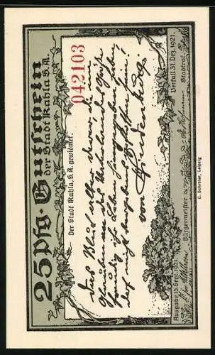 Notgeld Kahla bei Leuchtenburg, 1921, 25 Pfennig, Burgansicht mit umliegender Landschaft und handschriftlichem Text